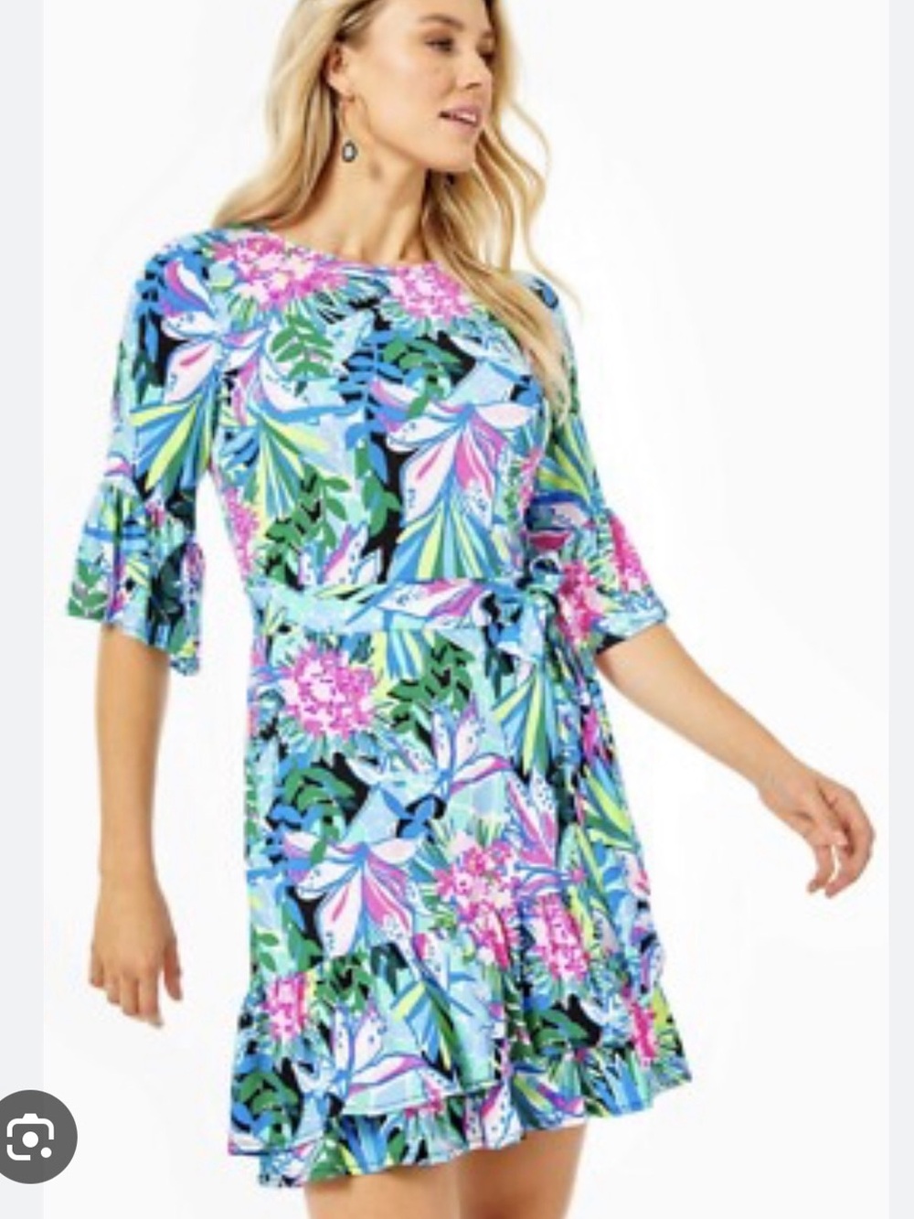 Lilly Pulitzer Blue Pink Green Floral Belted Ruffle Dress